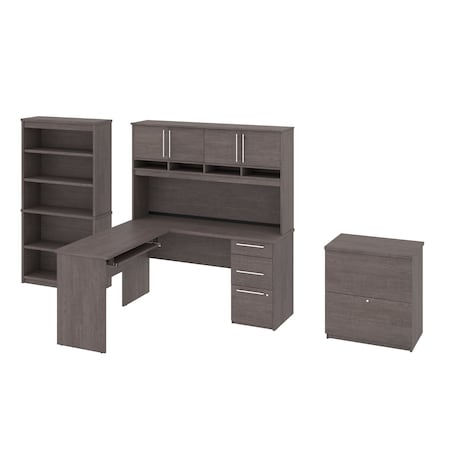 Bestar Bestar Innova 60W L-Shaped Desk with Hutch, Lateral File Cabinet, and Bookcase in bark grey 92853-000047